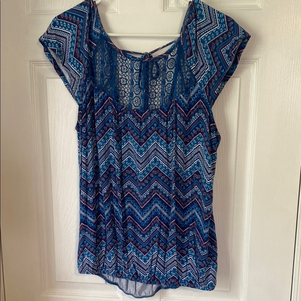 Blue Pleated Blouse with Cap Sleeves